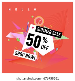Summer sale geometric style web banner. Fashion and travel discount. Vector holiday Abstract colorful illustration with special offers and promotions.