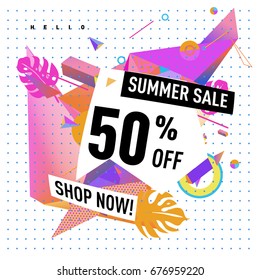 Summer sale geometric style web banner. Fashion and travel discount. Vector holiday Abstract colorful illustration with special offers and promotions.
