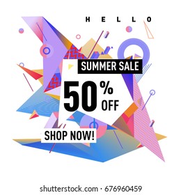 Summer sale geometric style web banner. Fashion and travel discount. Vector holiday Abstract colorful illustration with special offers and promotions.
