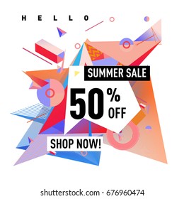 Summer sale geometric style web banner. Fashion and travel discount. Vector holiday Abstract colorful illustration with special offers and promotions.
