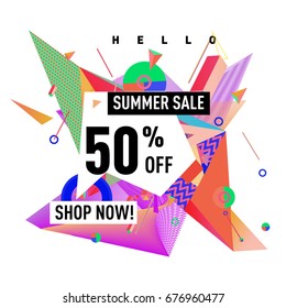 Summer sale geometric style web banner. Fashion and travel discount. Vector holiday Abstract colorful illustration with special offers and promotions.