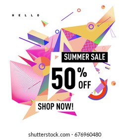 Summer sale geometric style web banner. Fashion and travel discount. Vector holiday Abstract colorful illustration with special offers and promotions.