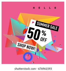 Summer sale geometric style web banner. Fashion and travel discount. Vector holiday Abstract colorful illustration with special offers and promotions.