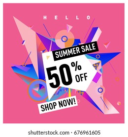 Summer sale geometric style web banner. Fashion and travel discount. Vector holiday Abstract colorful illustration with special offers and promotions.