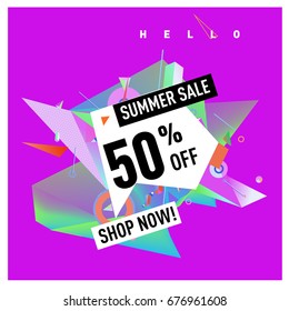 Summer sale geometric style web banner. Fashion and travel discount. Vector holiday Abstract colorful illustration with special offers and promotions.