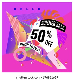 Summer sale geometric style web banner. Fashion and travel discount. Vector holiday Abstract colorful illustration with special offers and promotions.