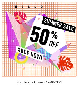 Summer sale geometric style web banner. Fashion and travel discount. Vector holiday Abstract colorful illustration with special offers and promotions.