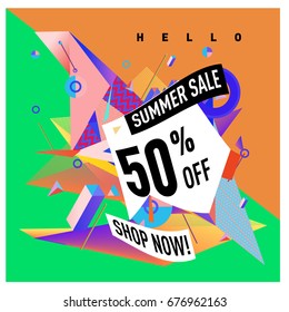 Summer sale geometric style web banner. Fashion and travel discount. Vector holiday Abstract colorful illustration with special offers and promotions.