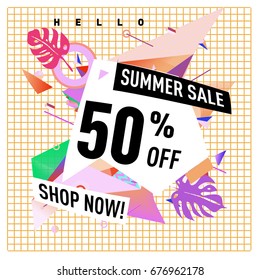 Summer sale geometric style web banner. Fashion and travel discount. Vector holiday Abstract colorful illustration with special offers and promotions.