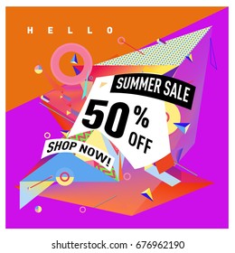 Summer sale geometric style web banner. Fashion and travel discount. Vector holiday Abstract colorful illustration with special offers and promotions.