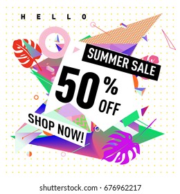 Summer sale geometric style web banner. Fashion and travel discount. Vector holiday Abstract colorful illustration with special offers and promotions.