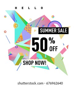 Summer sale geometric style web banner. Fashion and travel discount. Vector holiday Abstract colorful illustration with special offers and promotions.