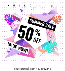 Summer sale geometric style web banner. Fashion and travel discount. Vector holiday Abstract colorful illustration with special offers and promotions.