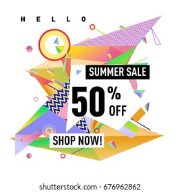 Summer sale geometric style web banner. Fashion and travel discount. Vector holiday Abstract colorful illustration with special offers and promotions.