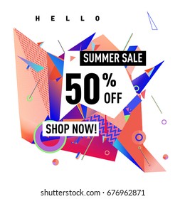 Summer sale geometric style web banner. Fashion and travel discount. Vector holiday Abstract colorful illustration with special offers and promotions.
