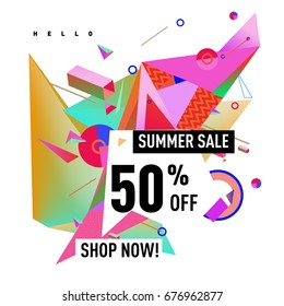 Summer sale geometric style web banner. Fashion and travel discount. Vector holiday Abstract colorful illustration with special offers and promotions.