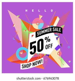 Summer sale geometric style web banner. Fashion and travel discount. Vector holiday Abstract colorful illustration with special offers and promotions.