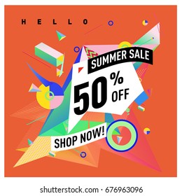 Summer sale geometric style web banner. Fashion and travel discount. Vector holiday Abstract colorful illustration with special offers and promotions.