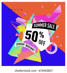 Summer sale geometric style web banner. Fashion and travel discount. Vector holiday Abstract colorful illustration with special offers and promotions.