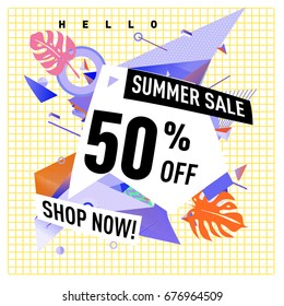 Summer sale geometric style web banner. Fashion and travel discount. Vector holiday Abstract colorful illustration with special offers and promotions.