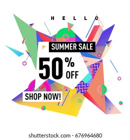 Summer sale geometric style web banner. Fashion and travel discount. Vector holiday Abstract colorful illustration with special offers and promotions.