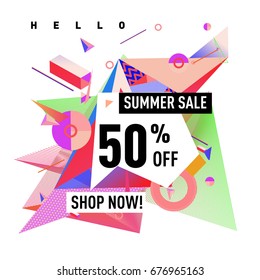 Summer sale geometric style web banner. Fashion and travel discount. Vector holiday Abstract colorful illustration with special offers and promotions.