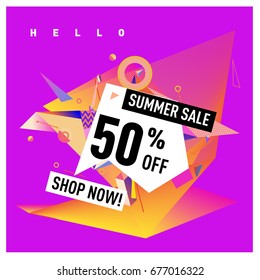 Summer sale geometric style web banner. Fashion and travel discount. Vector holiday Abstract colorful illustration with special offers and promotions.