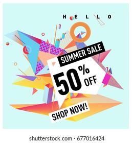 Summer sale geometric style web banner. Fashion and travel discount. Vector holiday Abstract colorful illustration with special offers and promotions.
