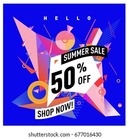 Summer sale geometric style web banner. Fashion and travel discount. Vector holiday Abstract colorful illustration with special offers and promotions.