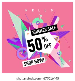 Summer sale geometric style web banner. Fashion and travel discount. Vector holiday Abstract colorful illustration with special offers and promotions.