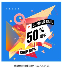 Summer sale geometric style web banner. Fashion and travel discount. Vector holiday Abstract colorful illustration with special offers and promotions.