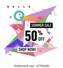 Summer sale geometric style web banner. Fashion and travel discount. Vector holiday Abstract colorful illustration with special offers and promotions.