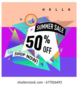 Summer sale geometric style web banner. Fashion and travel discount. Vector holiday Abstract colorful illustration with special offers and promotions.