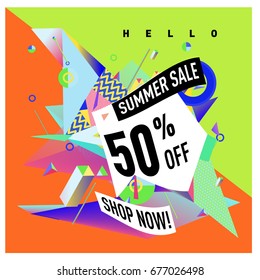 Summer sale geometric style web banner. Fashion and travel discount. Vector holiday Abstract colorful illustration with special offers and promotions.