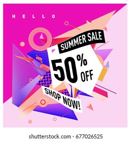 Summer sale geometric style web banner. Fashion and travel discount. Vector holiday Abstract colorful illustration with special offers and promotions.
