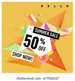 Summer sale geometric style web banner. Fashion and travel discount. Vector holiday Abstract colorful illustration with special offers and promotions.
