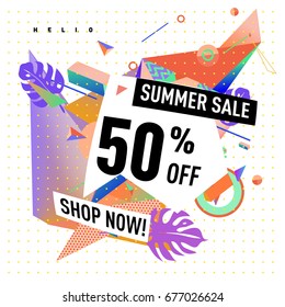 Summer sale geometric style web banner. Fashion and travel discount. Vector holiday Abstract colorful illustration with special offers and promotions.