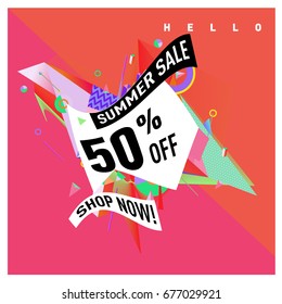 Summer sale geometric style web banner. Fashion and travel discount. Vector holiday Abstract colorful illustration with special offers and promotions.