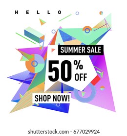 Summer sale geometric style web banner. Fashion and travel discount. Vector holiday Abstract colorful illustration with special offers and promotions.