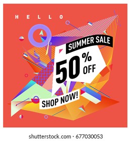 Summer sale geometric style web banner. Fashion and travel discount. Vector holiday Abstract colorful illustration with special offers and promotions.