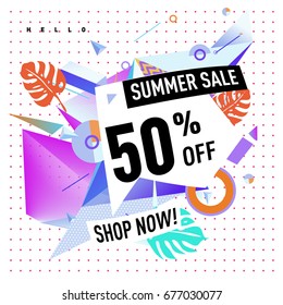 Summer sale geometric style web banner. Fashion and travel discount. Vector holiday Abstract colorful illustration with special offers and promotions.