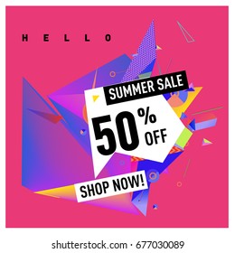 Summer sale geometric style web banner. Fashion and travel discount. Vector holiday Abstract colorful illustration with special offers and promotions.