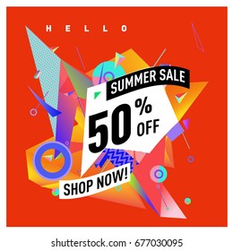 Summer sale geometric style web banner. Fashion and travel discount. Vector holiday Abstract colorful illustration with special offers and promotions.