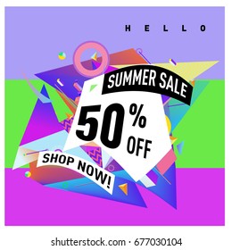 Summer sale geometric style web banner. Fashion and travel discount. Vector holiday Abstract colorful illustration with special offers and promotions.