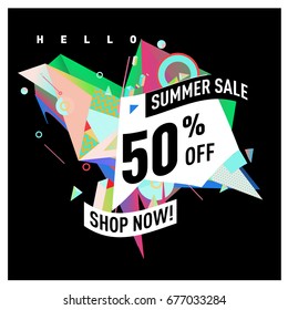 Summer sale geometric style web banner. Fashion and travel discount. Vector holiday Abstract colorful illustration with special offers and promotions.
