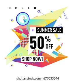 Summer sale geometric style web banner. Fashion and travel discount. Vector holiday Abstract colorful illustration with special offers and promotions.