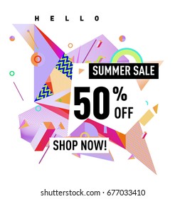 Summer sale geometric style web banner. Fashion and travel discount. Vector holiday Abstract colorful illustration with special offers and promotions.
