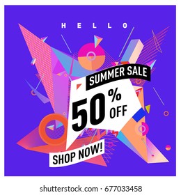 Summer sale geometric style web banner. Fashion and travel discount. Vector holiday Abstract colorful illustration with special offers and promotions.