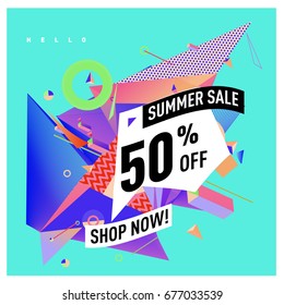 Summer sale geometric style web banner. Fashion and travel discount. Vector holiday Abstract colorful illustration with special offers and promotions.