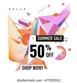 Summer sale geometric style web banner. Fashion and travel discount. Vector holiday Abstract colorful illustration with special offers and promotions.